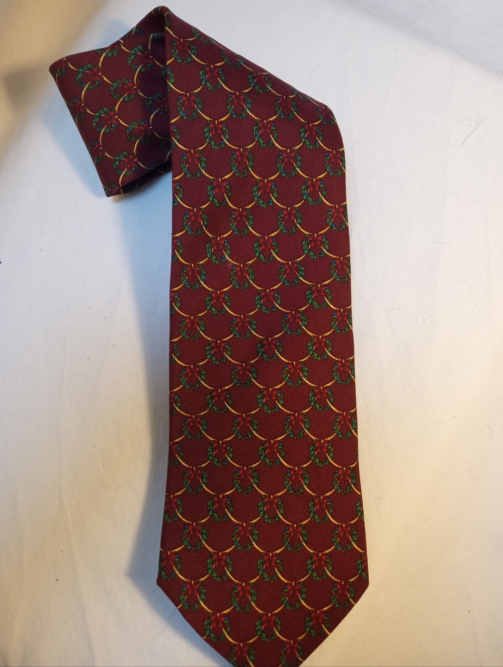 Brooks Brothers Burgundy Silk Tie with Green and Gold Wreath Motif